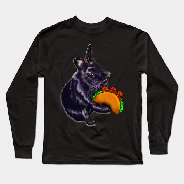 Cute kawaii Ebony colored lionhead bunny rabbit eating a taco. Celebrate Fiesta Cinco De Mayo taco themed Long Sleeve T-Shirt by Artonmytee